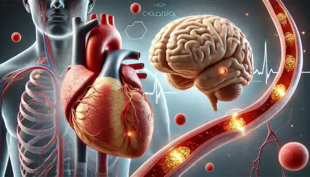 The Risks of High Cholesterol - A realistic depiction of a human heart and brain with arteries showing plaque buildup, illustrating the risks of heart disease and stroke associated with high cholesterol. The medical-style setting emphasizes the serious health impacts of high cholesterol.