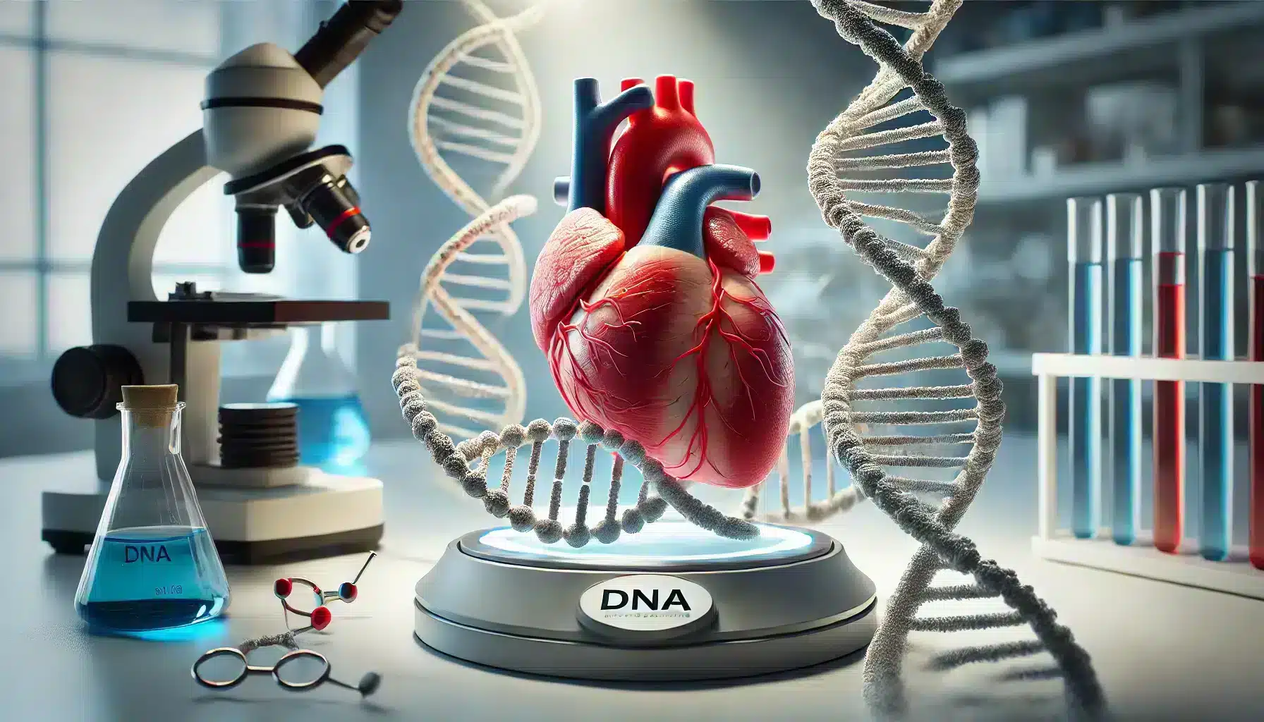 The role of genetics in cardiology research, showing a heart model intertwined with a DNA helix, symbolizing the connection between genetics and heart health.