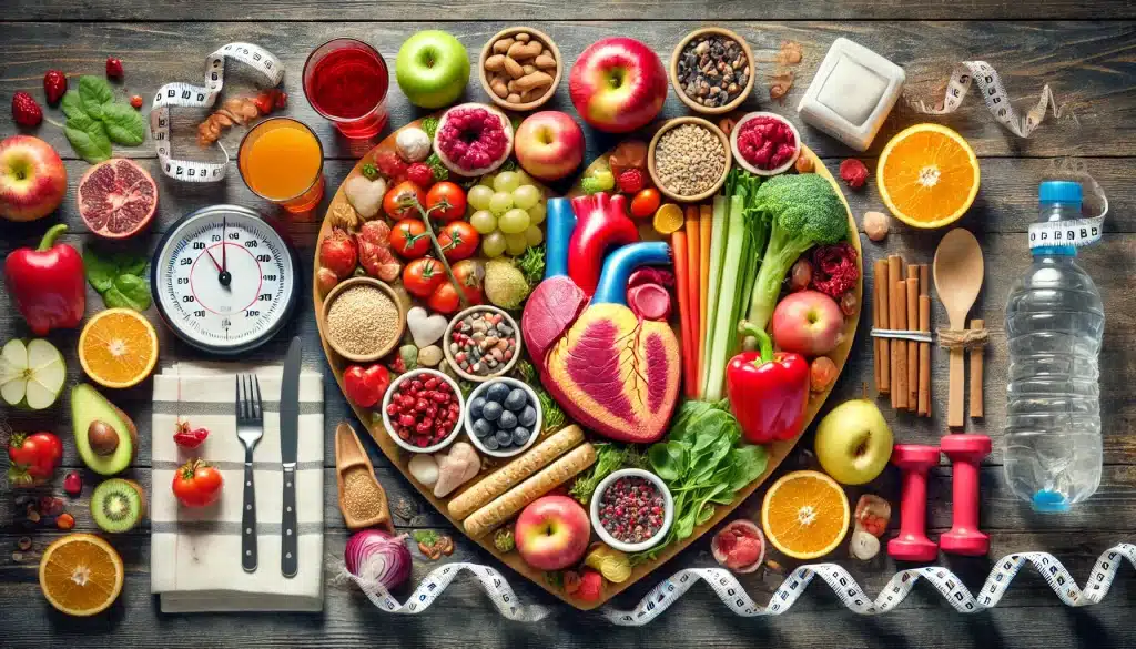 Heart-healthy diet tips including portion control, low sodium foods, fresh fruits, vegetables, whole grains, lean proteins, and elements of physical activity for heart-healthy weight loss.