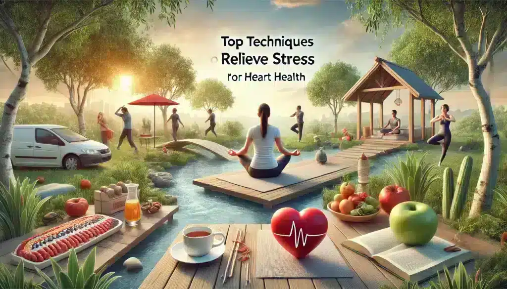 Realistic illustration of top techniques to relieve stress for heart health, featuring a person doing yoga, meditating in a peaceful outdoor setting, and healthy food items, symbolizing a holistic approach to stress management.