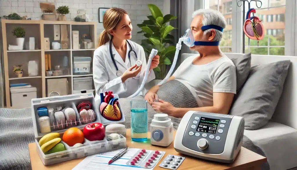 Treatment Options for Sleep Apnea in Heart Failure Patients - A home setting with a patient using a CPAP machine, guided by a healthcare professional, highlighting the importance of combined therapies and patient education for managing sleep apnea in heart failure patients.