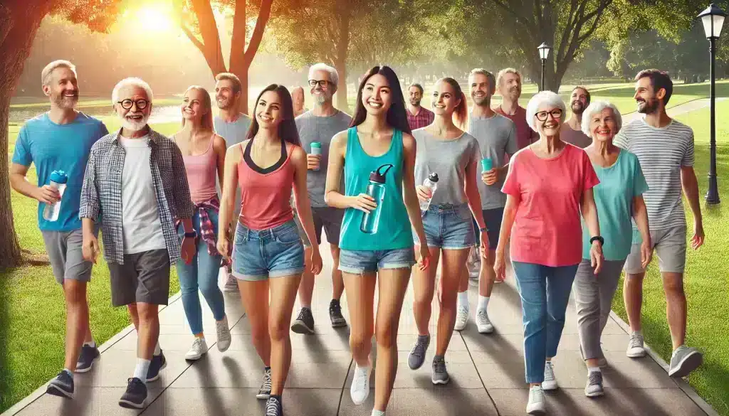 A diverse group of people walking together in a park, carrying water bottles and fitness trackers, showcasing the importance of regular exercise in preventing heart disease for type 2 diabetes patients.