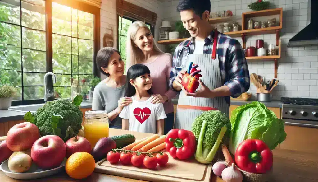 Family preparing heart-healthy food, focusing on preventing heart disease family history with heart-healthy lifestyle choices.