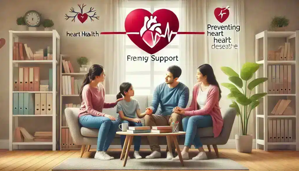 Family discussing heart disease prevention and building a support system, focusing on family history of heart disease and heart-healthy lifestyle.