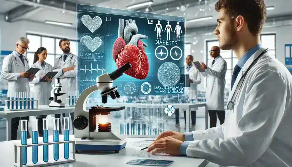 A group of researchers in a modern laboratory working on advanced treatments for diabetes-related heart disease, with a scientist looking through a microscope and others analyzing results on a screen.