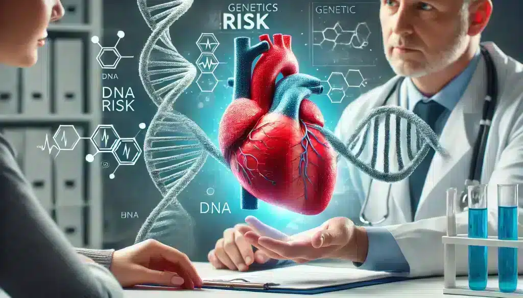 Genetic risk factors for heart disease represented by DNA and heart health discussion, focusing on genetic risk heart disease and family history.