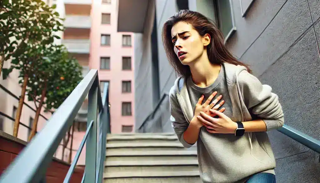 A young woman climbing stairs, visibly struggling with shortness of breath, holding her chest, showing early signs of heart disease in a diabetic patient.