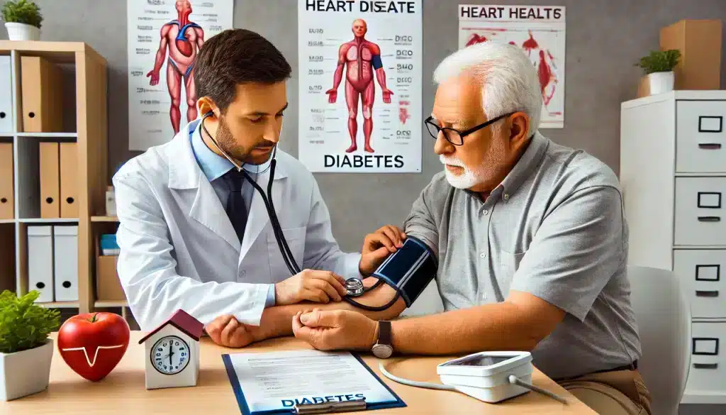 An elderly man having his blood pressure checked by a healthcare professional, with medical brochures about diabetes and heart disease risk factors on the table.