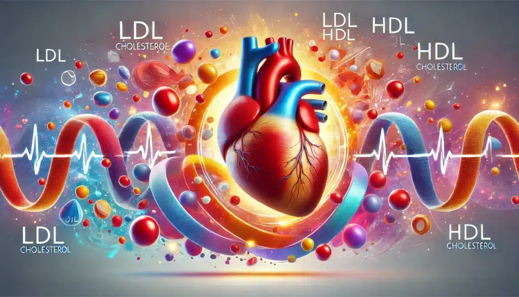 Understanding cholesterol and its effects on heart health, with LDL and HDL particles visualized around a healthy heart to illustrate the importance of managing cholesterol for better heart health.