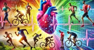 Exercise activities like running, cycling, and gym workouts, each representing different heart rate zones. The image highlights the importance of maintaining heart rate zones for optimal fitness and heart health, with colorful overlays showing heart rate data.