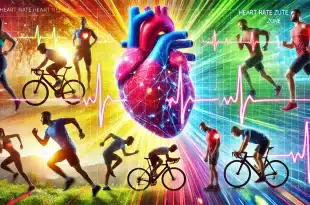 Exercise activities like running, cycling, and gym workouts, each representing different heart rate zones. The image highlights the importance of maintaining heart rate zones for optimal fitness and heart health, with colorful overlays showing heart rate data.