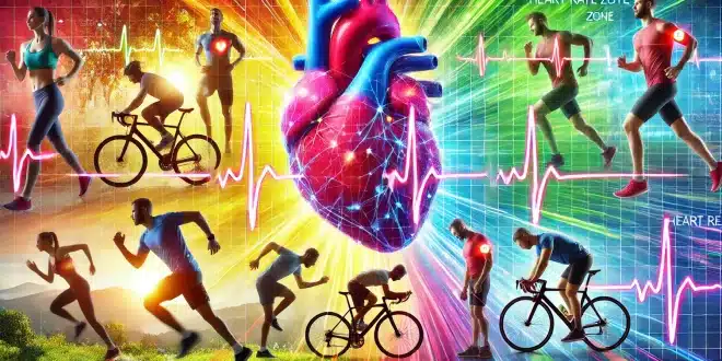 Exercise activities like running, cycling, and gym workouts, each representing different heart rate zones. The image highlights the importance of maintaining heart rate zones for optimal fitness and heart health, with colorful overlays showing heart rate data.