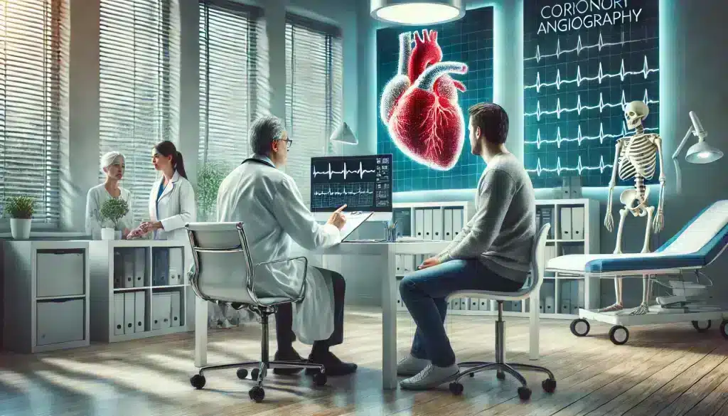 An ultra-realistic image showing a doctor and patient discussing whether coronary angiography is the right procedure, reviewing the patient's medical history and symptoms in a consultation room with a heart health chart in the background.