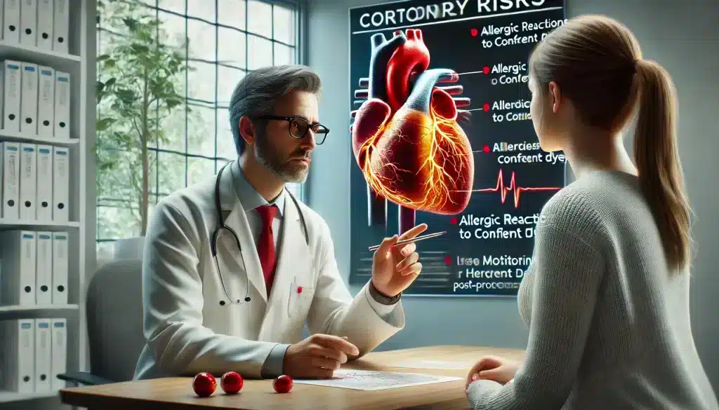 An ultra-realistic image showing a doctor discussing the potential risks of coronary angiography with a patient, focusing on concerns like allergic reactions to contrast dye and the importance of post-procedure heart health monitoring.