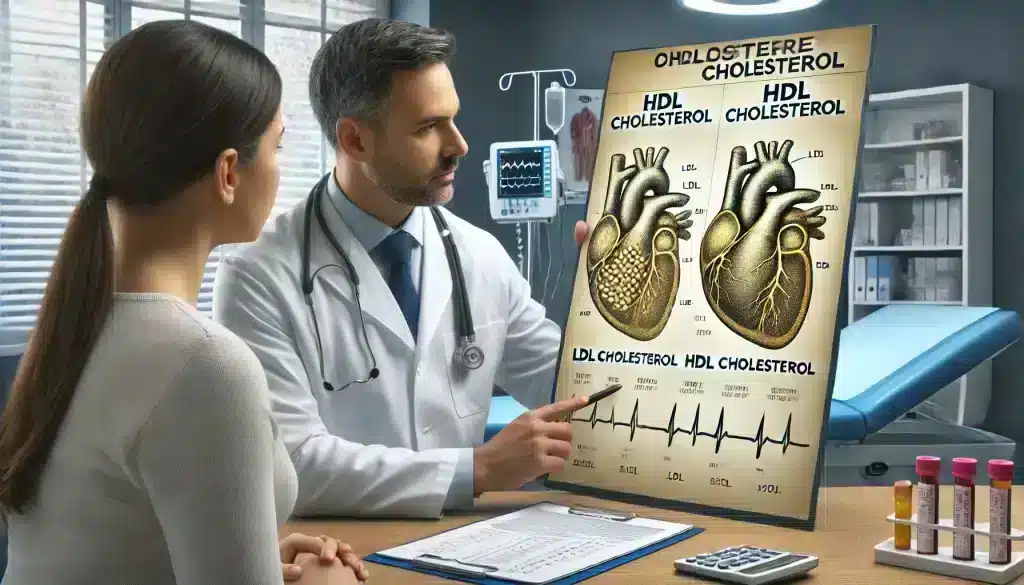 An ultra-realistic image of a doctor explaining the role of cholesterol in the body to a patient, using a detailed chart to show the differences between LDL and HDL cholesterol. The image highlights the importance of understanding cholesterol levels for heart health.