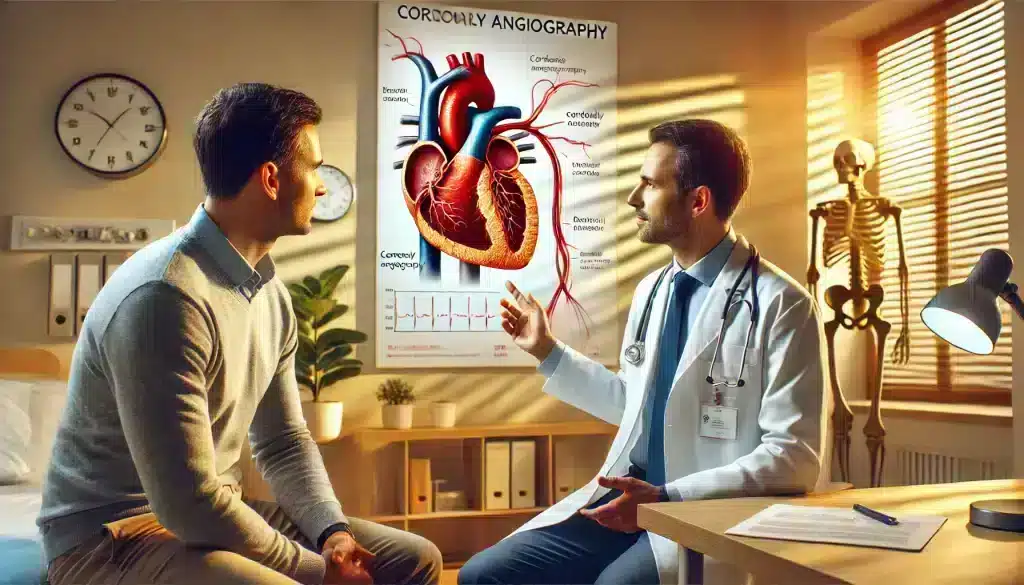 An ultra-realistic image showing a doctor explaining the coronary angiography procedure to a patient, pointing at a heart diagram to illustrate the importance of diagnosing coronary artery disease. The scene captures the patient’s engagement in understanding how coronary angiography works.