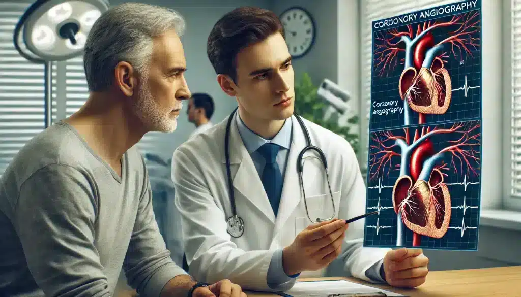 An ultra-realistic image showing a doctor explaining to a patient why coronary angiography is needed, holding a chart that highlights blockages in the coronary arteries. The setting emphasizes the importance of the procedure in diagnosing heart disease and improving heart health.