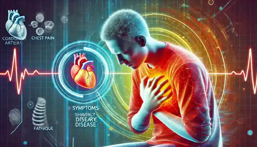 early symptoms of coronary artery disease, highlighting chest pain, shortness of breath, and fatigue. Tags: coronary artery disease, CAD symptoms, early signs, heart health.