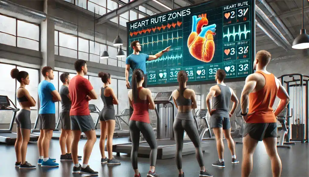 A fitness instructor explaining heart rate zones to a group of people in a gym, with a large screen displaying the zones, highlighting the importance of understanding heart rate for effective exercise and heart health.