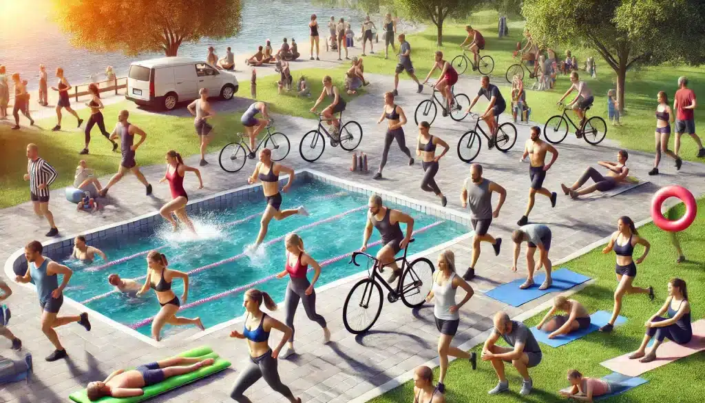 An ultra-realistic image showing a group of people engaged in aerobic exercises like swimming, cycling, and running in a park setting. The image highlights how different types of physical activity help lower cholesterol levels and improve heart health.