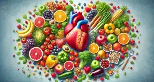 Manage cholesterol for better heart health with colorful, heart-healthy foods like fruits, vegetables, nuts, and whole grains arranged around a healthy heart.