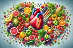 Manage cholesterol for better heart health with colorful, heart-healthy foods like fruits, vegetables, nuts, and whole grains arranged around a healthy heart.