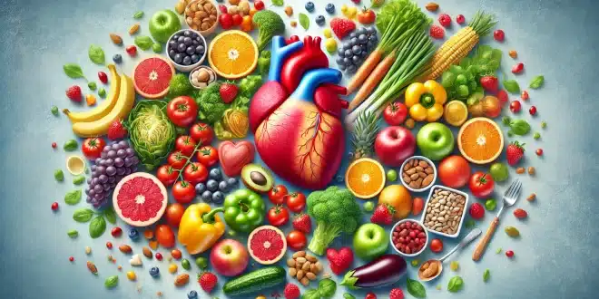 Manage cholesterol for better heart health with colorful, heart-healthy foods like fruits, vegetables, nuts, and whole grains arranged around a healthy heart.