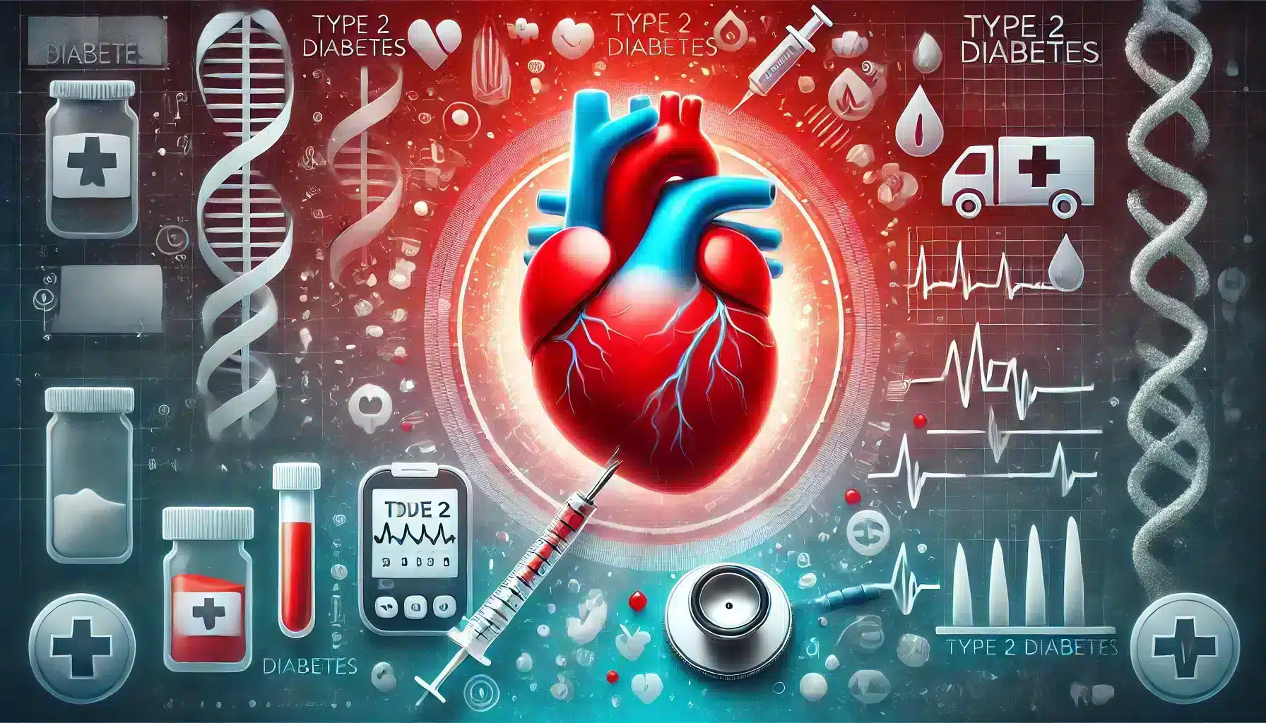 Type 2 diabetes on heart disease risk symbolized by a heart with a stethoscope and diabetes-related elements like a glucose monitor and insulin syringe.