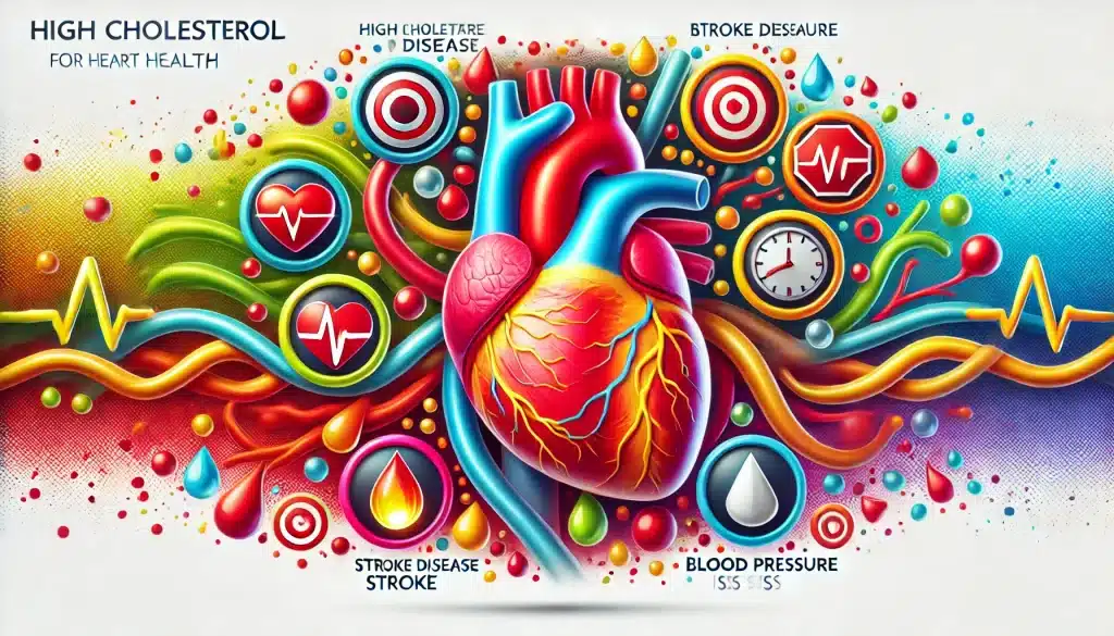 Dangers of high cholesterol for heart health, showing a heart with narrowing arteries due to plaque buildup, surrounded by symbols of heart disease, stroke, and blood pressure, highlighting the need to manage cholesterol for better heart health.