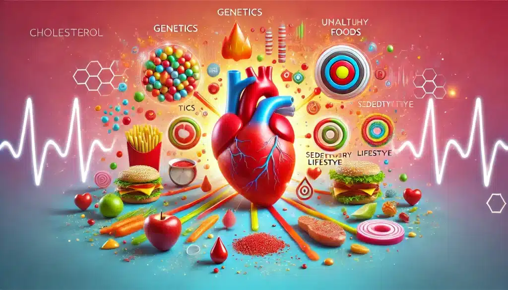 Causes of high cholesterol impacting heart health, featuring genetics, unhealthy foods, and sedentary lifestyle visuals arranged around a heart to emphasize managing cholesterol for better heart health.