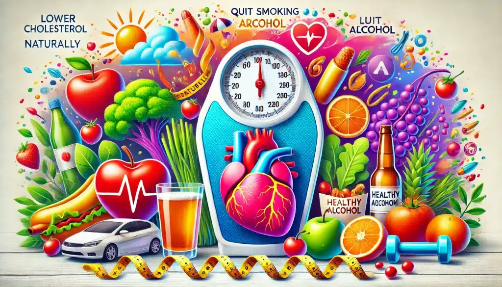 Lifestyle changes to lower cholesterol naturally for better heart health, including symbols of quitting smoking, limiting alcohol, and maintaining a healthy weight, to support cholesterol management.