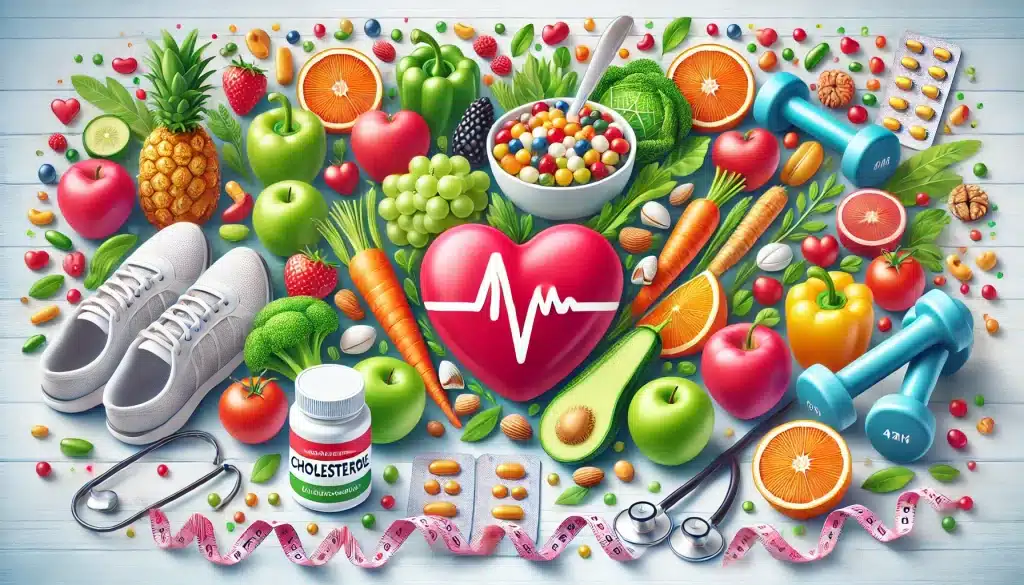 Lifestyle strategies to manage cholesterol for better heart health, featuring heart-healthy foods, exercise equipment, and medication to promote effective cholesterol management.