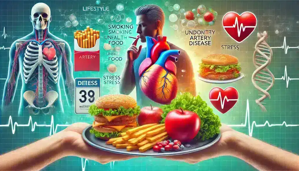 major risk factors for coronary artery disease, including smoking, unhealthy food, and stress. Tags: coronary artery disease, risk factors, CAD prevention, heart health.