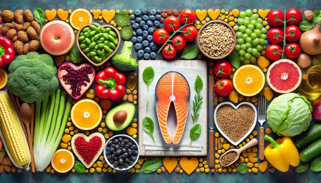 Key heart-healthy nutrients including salmon for omega-3s, fiber-rich grains, and antioxidant-rich fruits and vegetables.