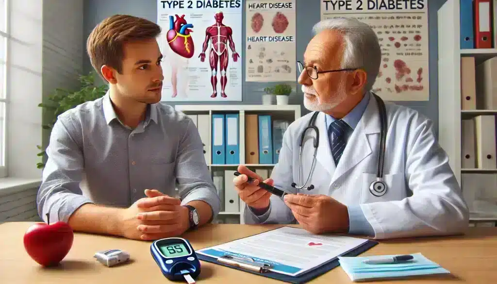 A doctor sitting with a patient in a medical office, explaining the connection between type 2 diabetes and heart disease, with a glucose monitor and stethoscope on the desk.