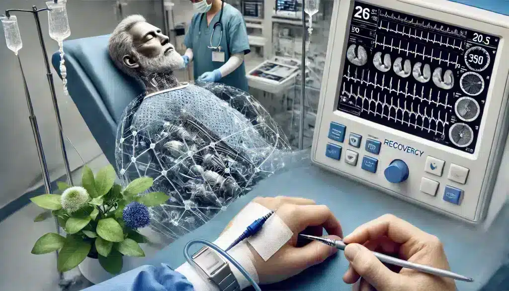 An ultra-realistic image of a patient in the recovery room after a coronary angiography procedure, with medical staff monitoring vitals. The patient rests with a bandage on their wrist, emphasizing the importance of post-procedure care, hydration, and rest