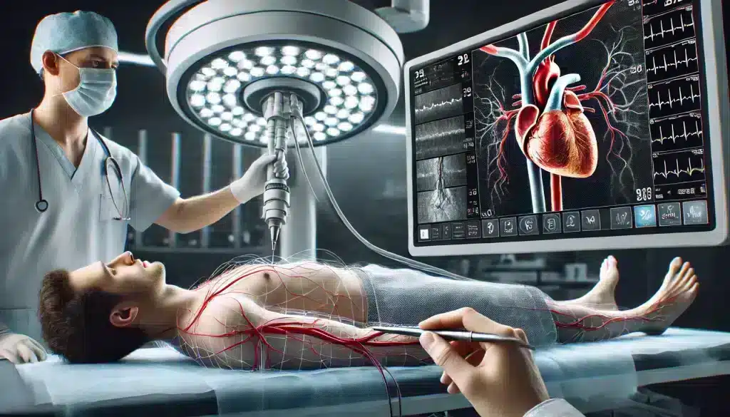 An ultra-realistic image showing a patient undergoing coronary angiography in a catheterization lab, with a doctor using advanced X-ray technology to visualize the coronary arteries. The image highlights the precision and real-time imaging involved in diagnosing coronary artery disease.