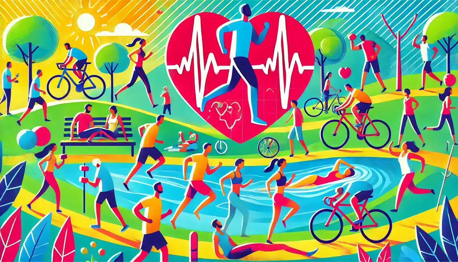 A colorful and engaging image showing people running, cycling, and swimming in a vibrant outdoor setting, illustrating how exercise helps lower cholesterol levels. The scene highlights the benefits of cardiovascular activities for boosting heart health and managing cholesterol.