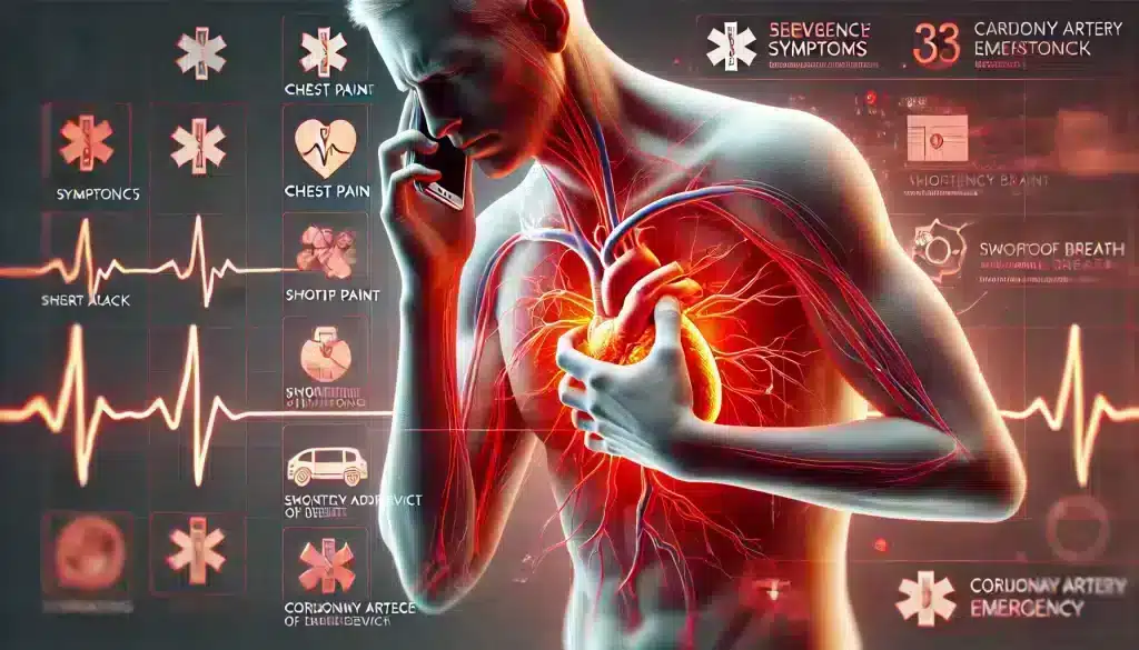 person calling emergency services due to severe coronary artery disease symptoms like chest pain and shortness of breath. Tags: coronary artery disease emergency, heart attack symptoms, seek medical help.