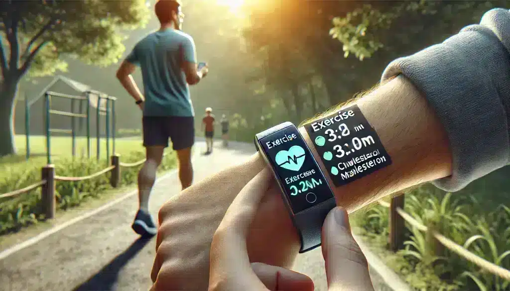 An ultra-realistic image showing a person checking their fitness tracker after a jog in a park, with exercise stats related to cholesterol management displayed. The scene highlights the importance of regular exercise in lowering cholesterol levels and maintaining heart health.