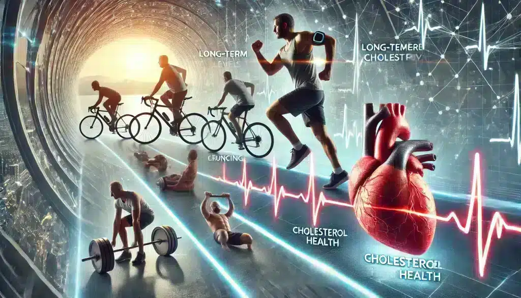 An ultra-realistic image showing a person engaged in various exercises like running, cycling, and strength training, with a visual overlay indicating improvements in cholesterol levels and heart health over time. The scene emphasizes the long-term benefits of regular exercise for maintaining heart health and reducing cholesterol levels.