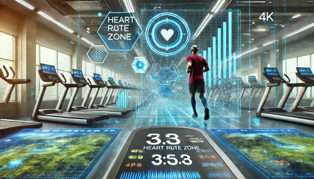 A person jogging on a treadmill in a modern gym, checking their heart rate zones on the display to maintain the correct exercise intensity for optimal heart health.