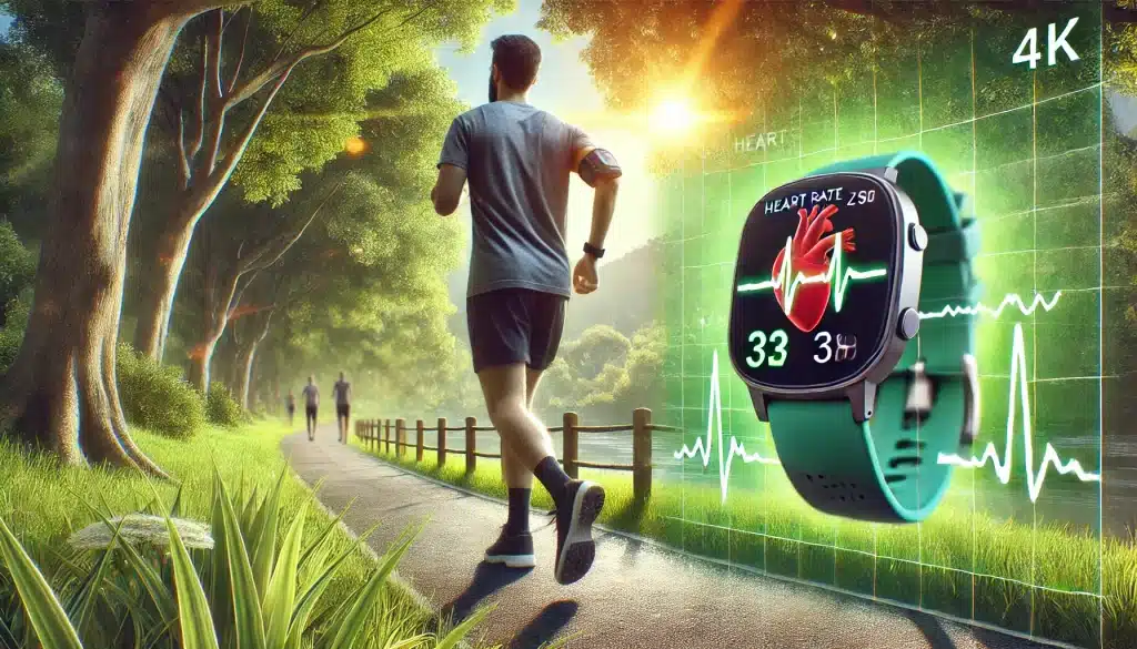 A person jogging on a scenic outdoor trail, wearing a heart rate monitor to track and maintain the right heart rate zone for safe cardiovascular exercise and heart health.