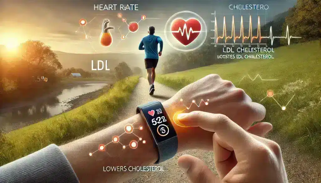 An ultra-realistic image of a person jogging on a scenic path while a fitness tracker displays heart rate and cholesterol tracking metrics. The image emphasizes how regular exercise lowers LDL cholesterol and improves overall heart health.