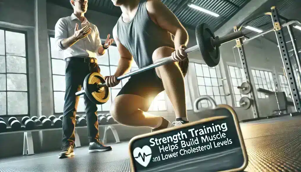 An ultra-realistic image of a person lifting weights in a gym, supervised by a trainer. The focus is on strength training, which helps build muscle and contributes to lowering cholesterol levels, supporting overall heart health.