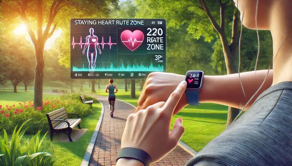 A person performing low-intensity cardio in a vibrant park, checking their heart rate monitor to stay within the optimal heart rate zone for fat burning and cardiovascular health.