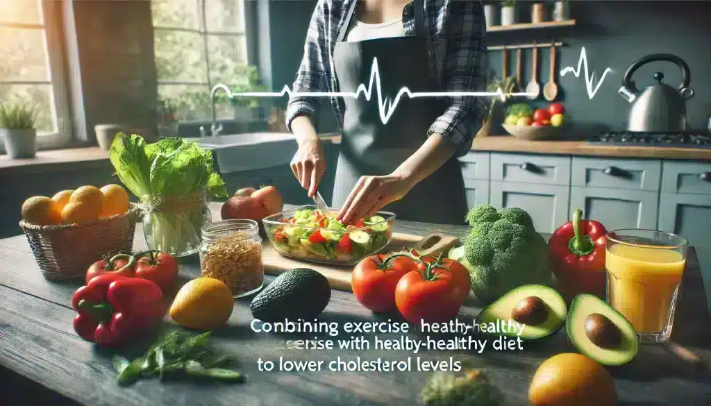 An ultra-realistic image showing a person preparing a heart-healthy meal in a kitchen with fresh fruits, vegetables, and healthy fats like avocados. The image highlights how combining exercise with a healthy diet is essential for lowering cholesterol levels and supporting heart health.