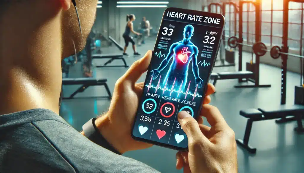 A person reviewing workout progress on a fitness app, showing time spent in each heart rate zone, with a focus on improving heart health and avoiding common exercise mistakes in a modern gym setting.