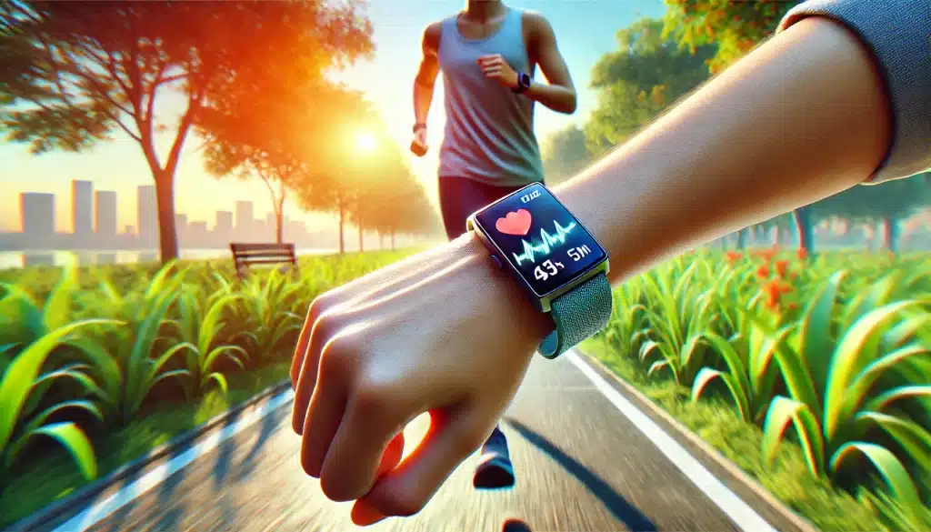 A person running outdoors wearing a fitness tracker that displays heart rate zones, ensuring safe and effective cardio exercise for heart health in a vibrant park setting.