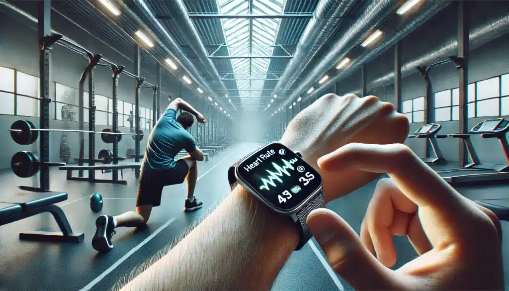 A person stretching in a gym after a workout, checking heart rate recovery on a smartwatch to ensure safe post-exercise recovery, with a focus on maintaining heart health and safe exercise habits.